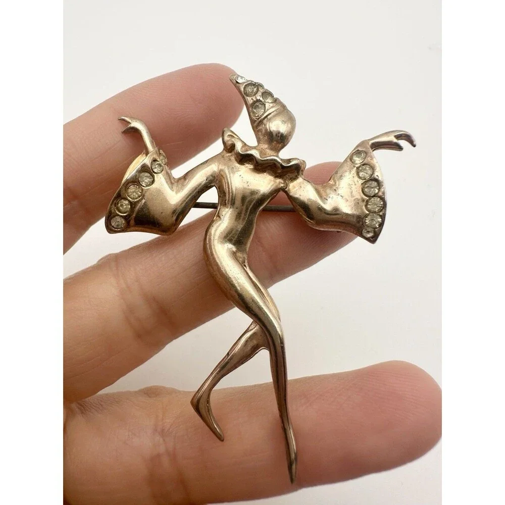 Vintage Sterling Silver Rose Gold Plated Dancing Harlequin Brooch Pin